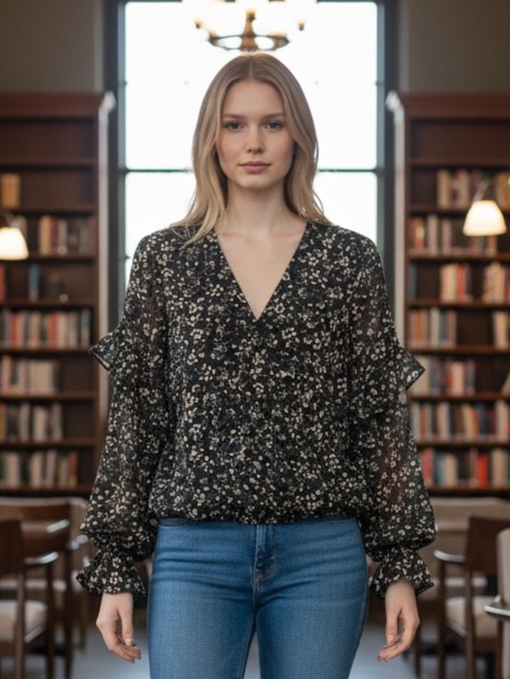 Max Studio Black Floral V-Neck Ruffle Blouse